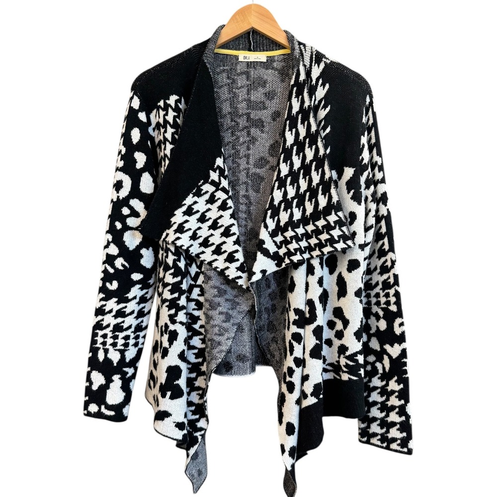 OVLA Women Black White Mixed Print Open Waterfall Cardigan Sweater M #327‎